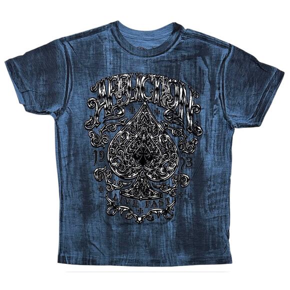 Affliction Clothing Men's T-Shirt Polaris Felt Graphic Blue/Black Dip Dye Tee - Picture 5 of 8